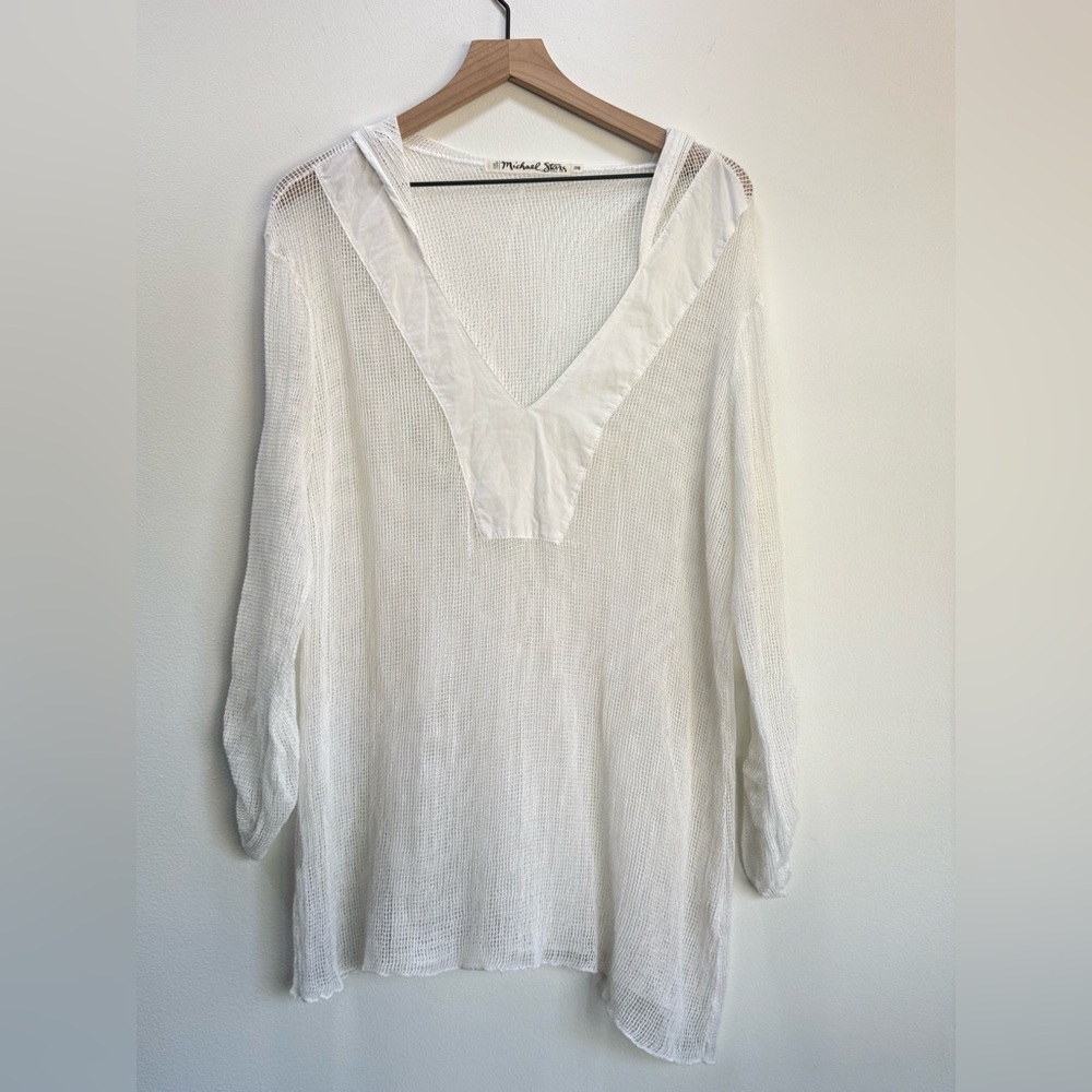 Michael Stars White Cotton Mesh Hooded Cover Up Tunic Top Beach Pool OSFM